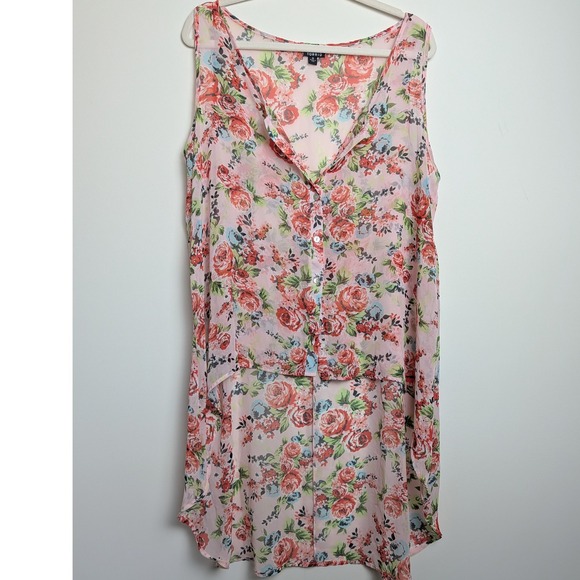 torrid Tops - Torrid Womens Plus 0X Pink Floral Sheer Chiffon Hi-Low Sleeveless Tunic Blouse